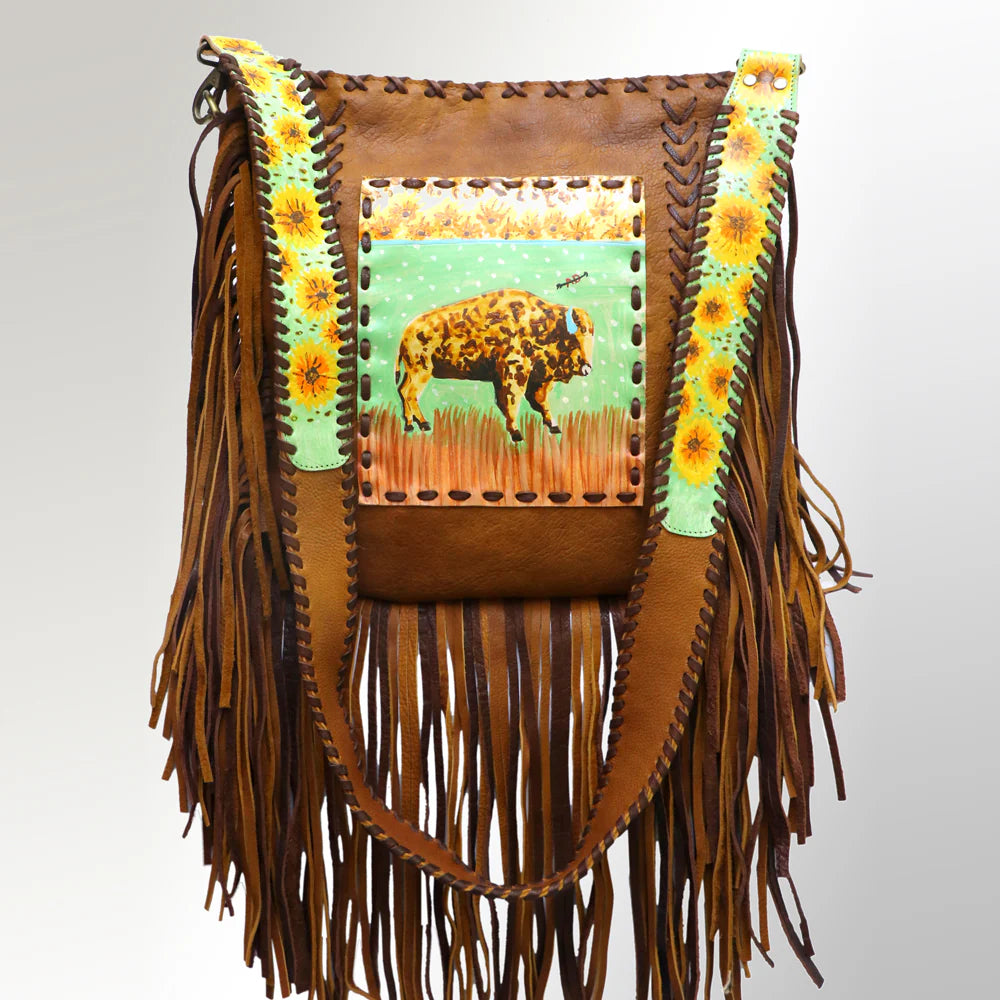 Genuine Leather Bag Hand Painted With Fringe 12x14