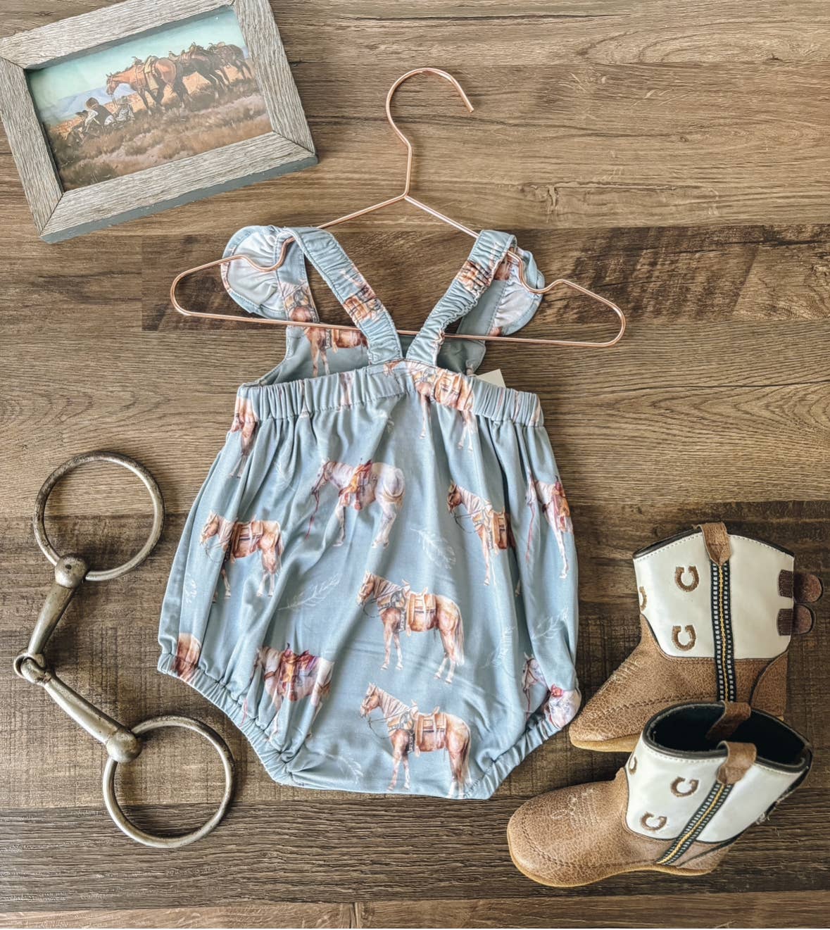 Watercolor Ranch Horses Bamboo Ruffle Bubble Romper