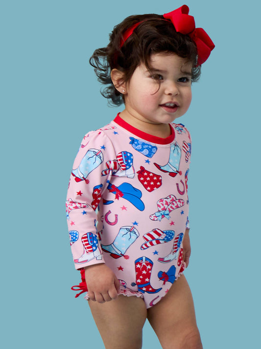 Baby Girls Pink Stars & Spurs Long Sleeve One Piece Rash Guard Swimsuit with Signature Rear Ruffles
