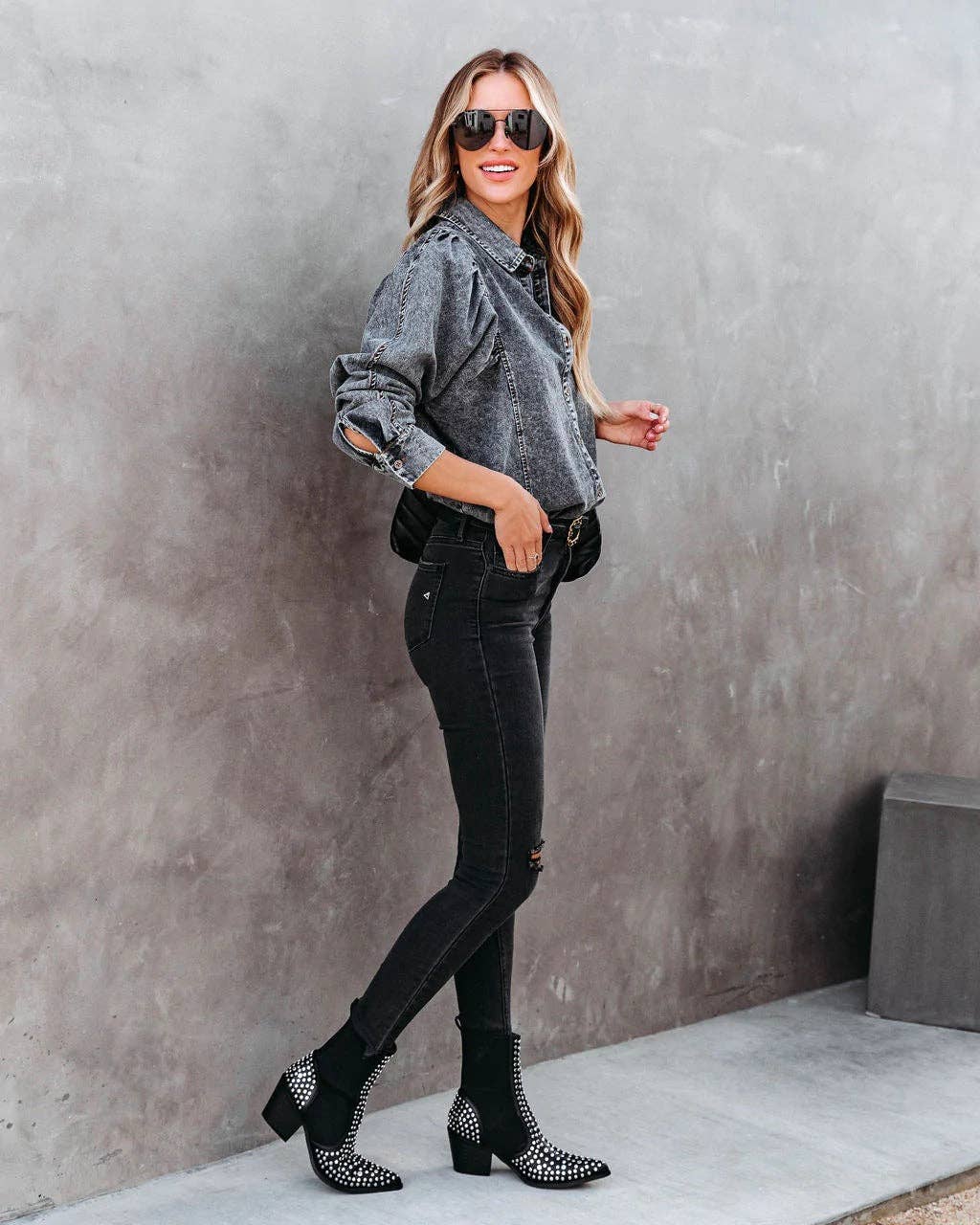 The Perfect Fall Denim Top - Denim Pockets Lapel Puff Sleeve