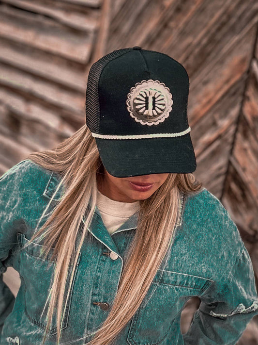 Black and White Single Concho Trucker Hat 