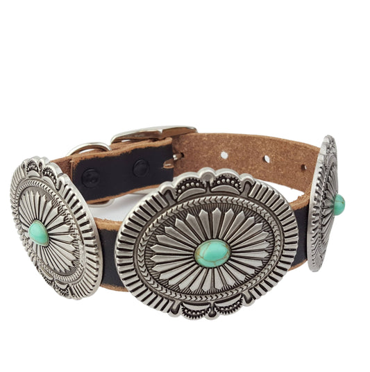 Genuine Distressed Leather Dog Collar with Western Style Con